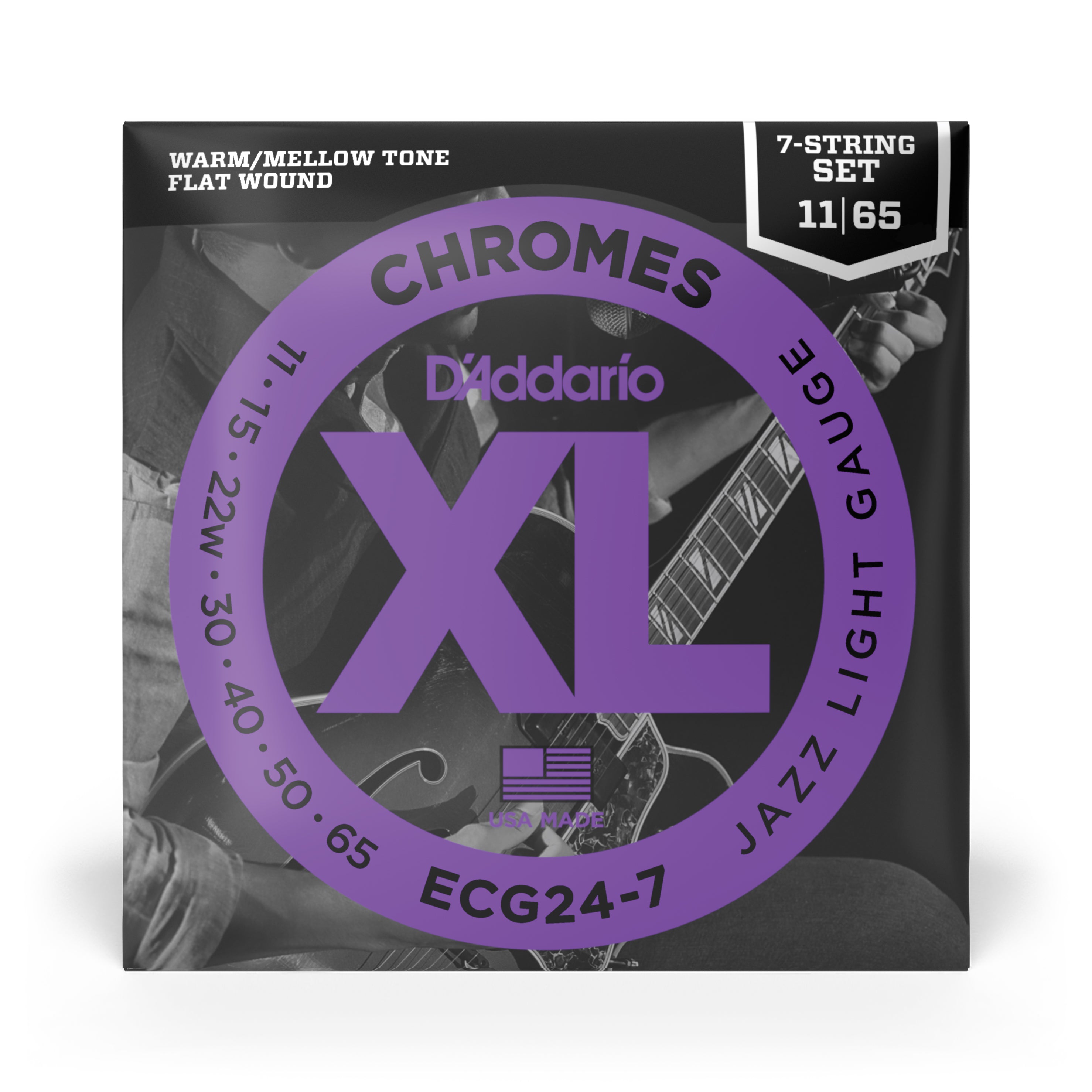 D'Addario ECG24-7 Flatwound Chromes Steel 11-65 Electric Guitar Strings, 7-String Jazz Light