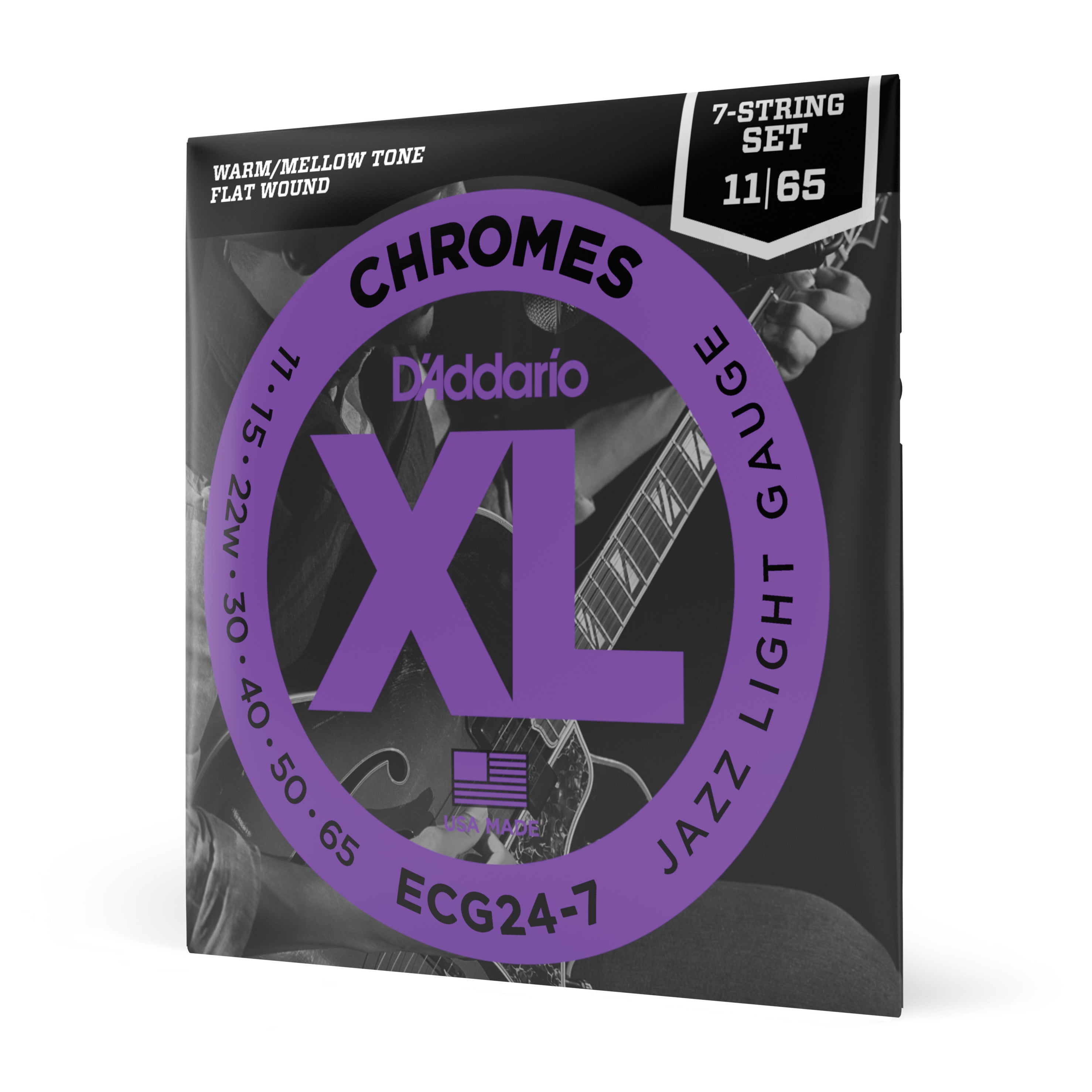 D'Addario ECG24-7 Flatwound Chromes Steel 11-65 Electric Guitar Strings, 7-String Jazz Light