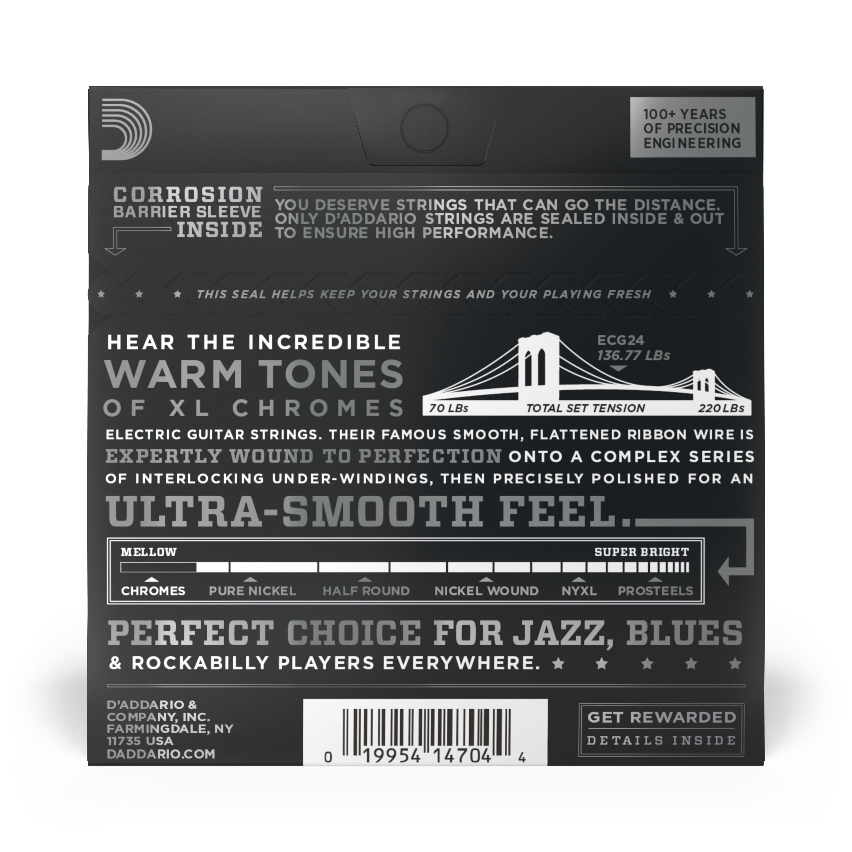 D'Addario ECG24 Flatwound Chromes Steel 11-50 Electric Guitar Strings, Jazz Light