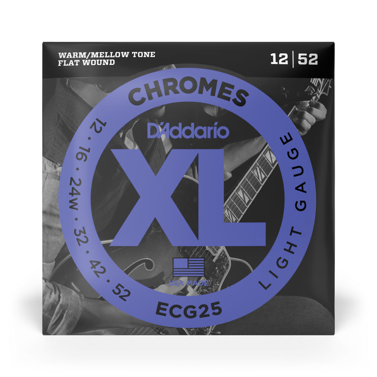 D'Addario ECG25 Flatwound Chromes Steel 12-52 Electric Guitar Strings, Light