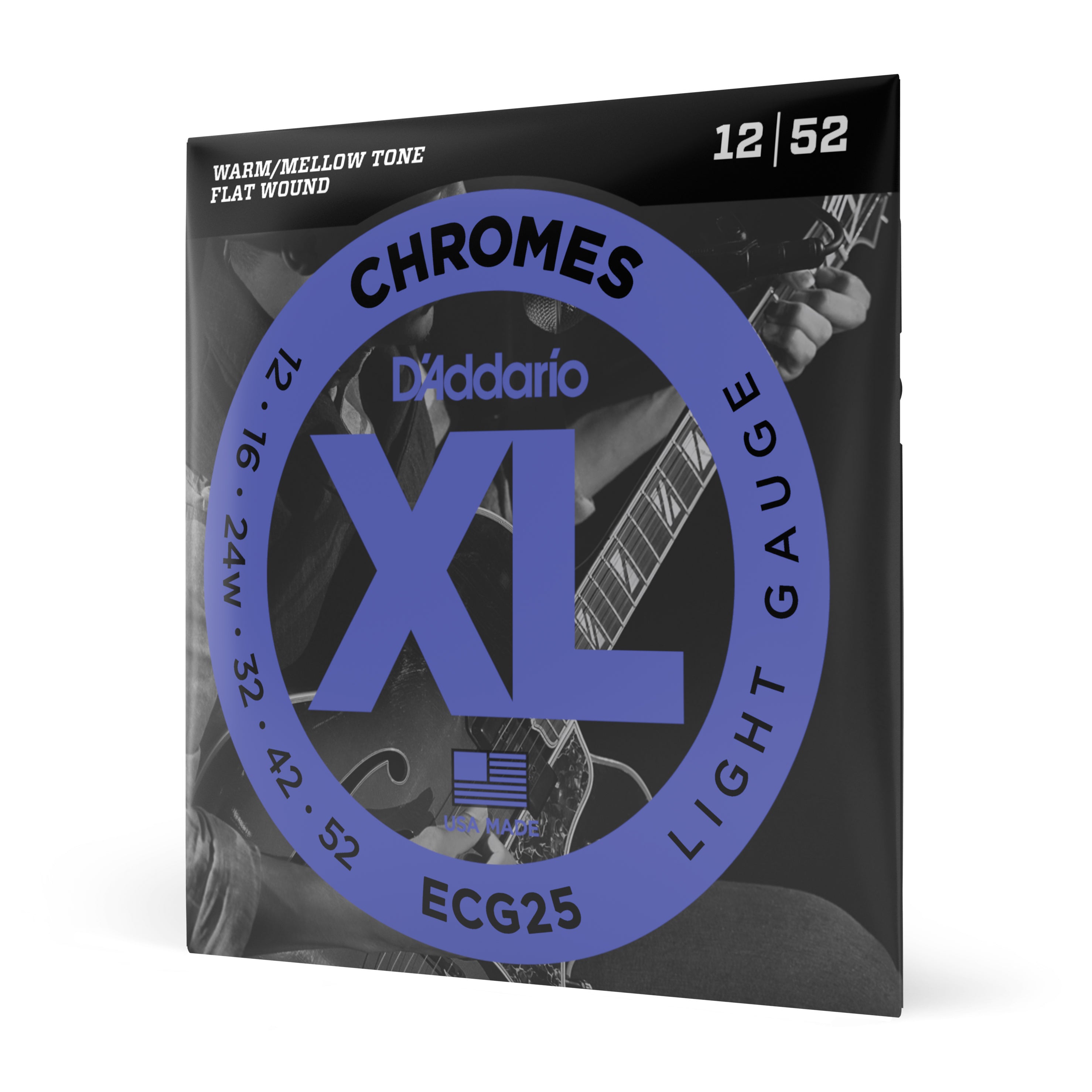 D'Addario ECG25 Flatwound Chromes Steel 12-52 Electric Guitar Strings, Light
