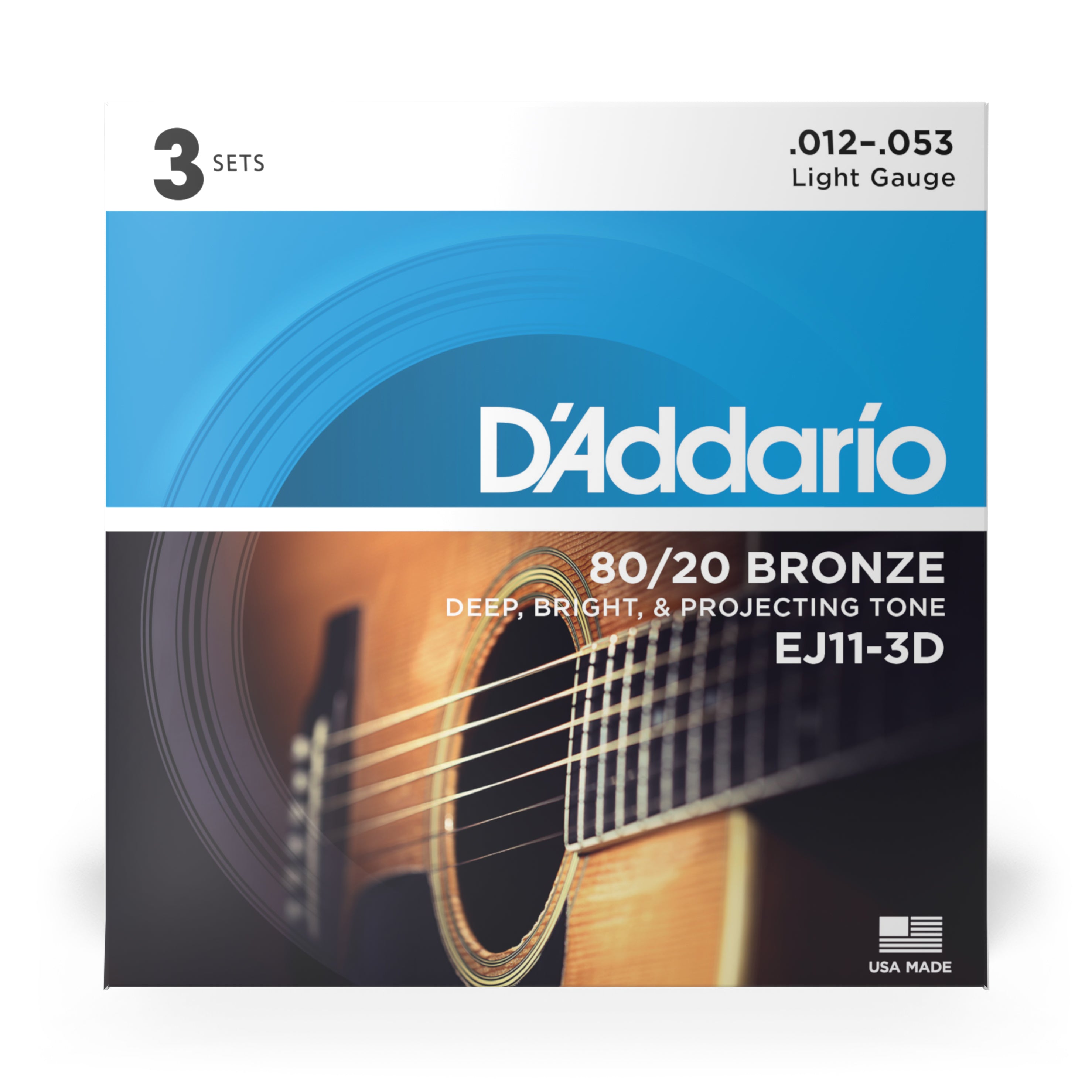 D'Addario EJ11 80/20 Bronze 12-53 Acoustic Guitar Strings, Light, 3-Pack