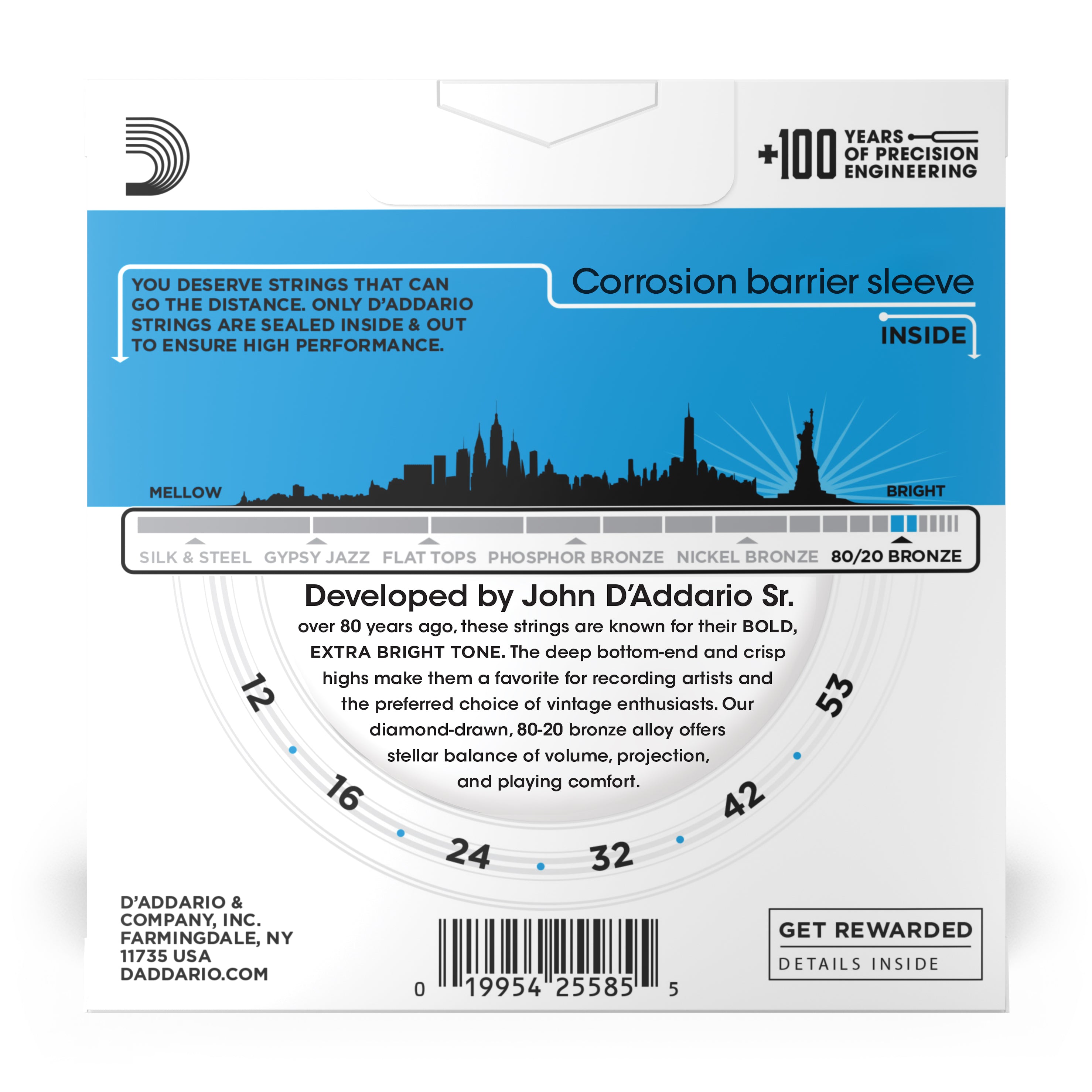 D'Addario EJ11 80/20 Bronze 12-53 Acoustic Guitar Strings, Light, 3-Pack