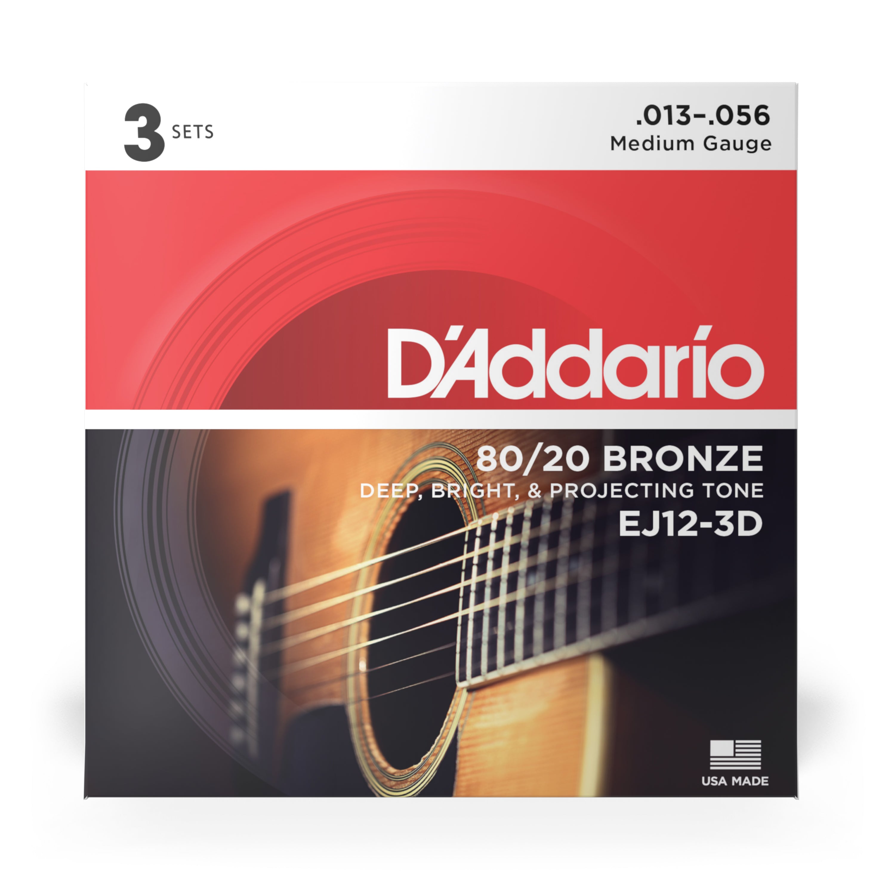 D'Addario EJ12 80/20 Bronze 13-56 Acoustic Guitar Strings, Medium, 3-Pack