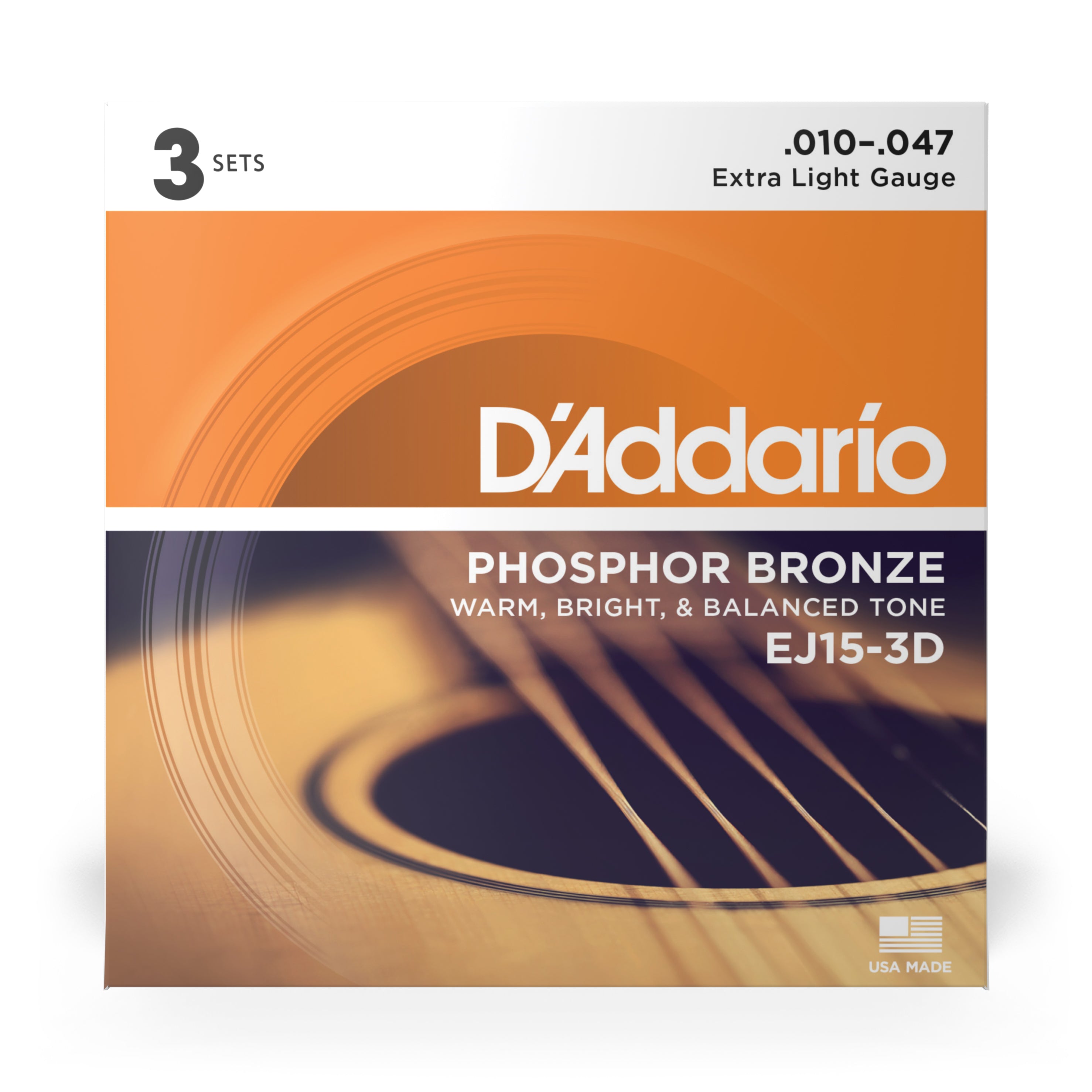 D'Addario EJ15 Phosphor Bronze 10-47 Acoustic Guitar Strings, Extra Light, 3-Pack