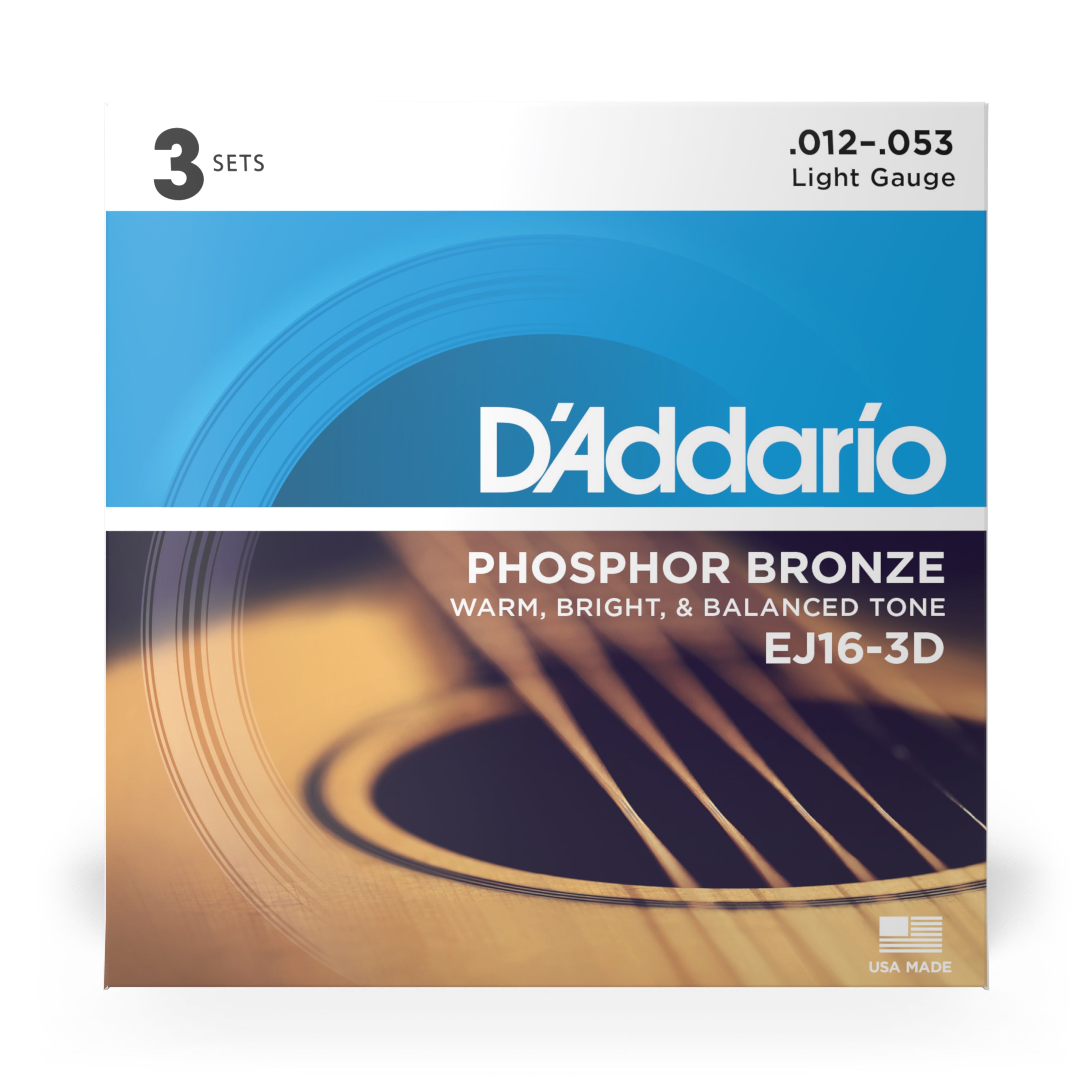 D'Addario EJ16 Phosphor Bronze 12-53 Acoustic Guitar Strings, Light, 3-Pack