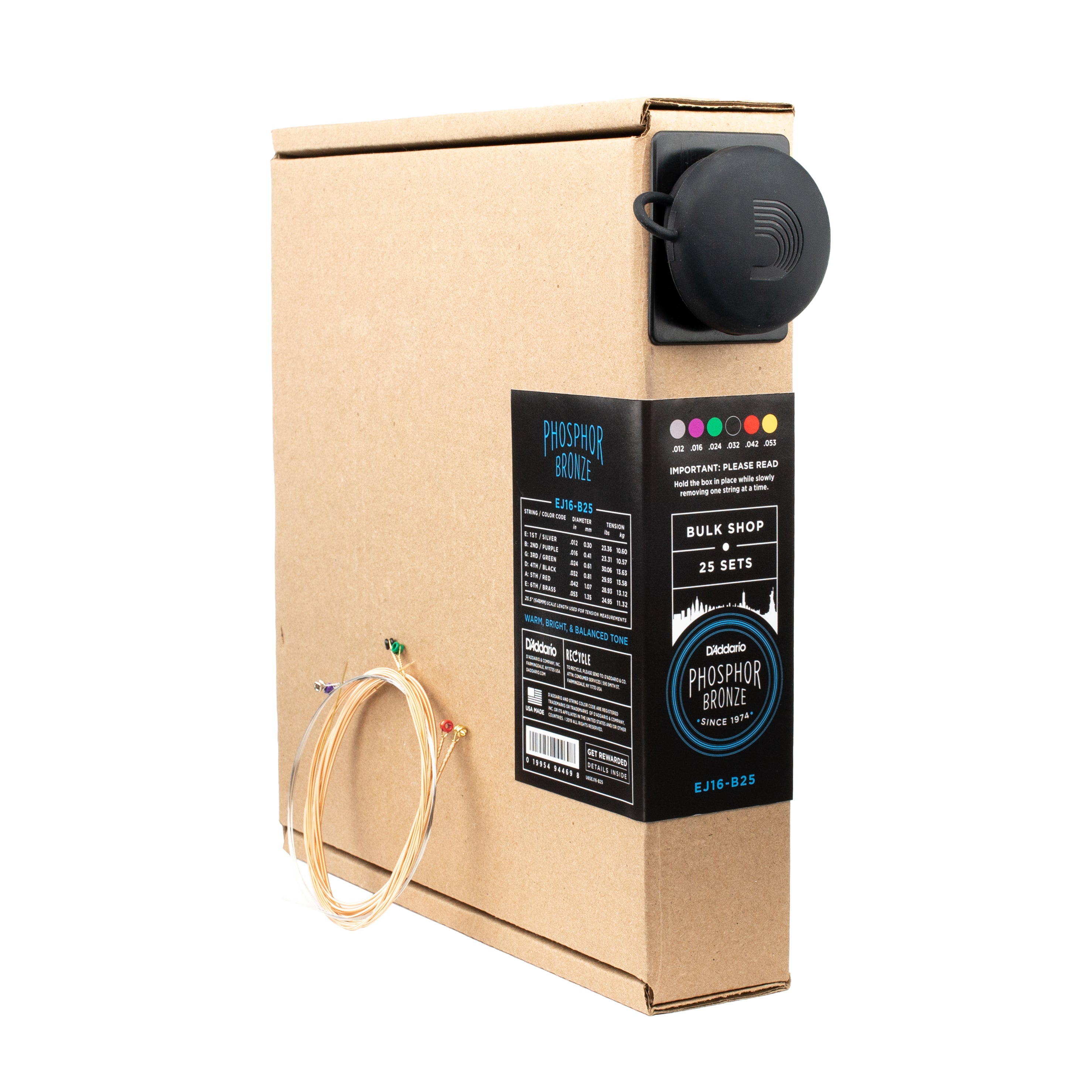 D'Addario EJ16 Phosphor Bronze 12-53 Acoustic Guitar Strings, Light, 25-Set Bulk Pack