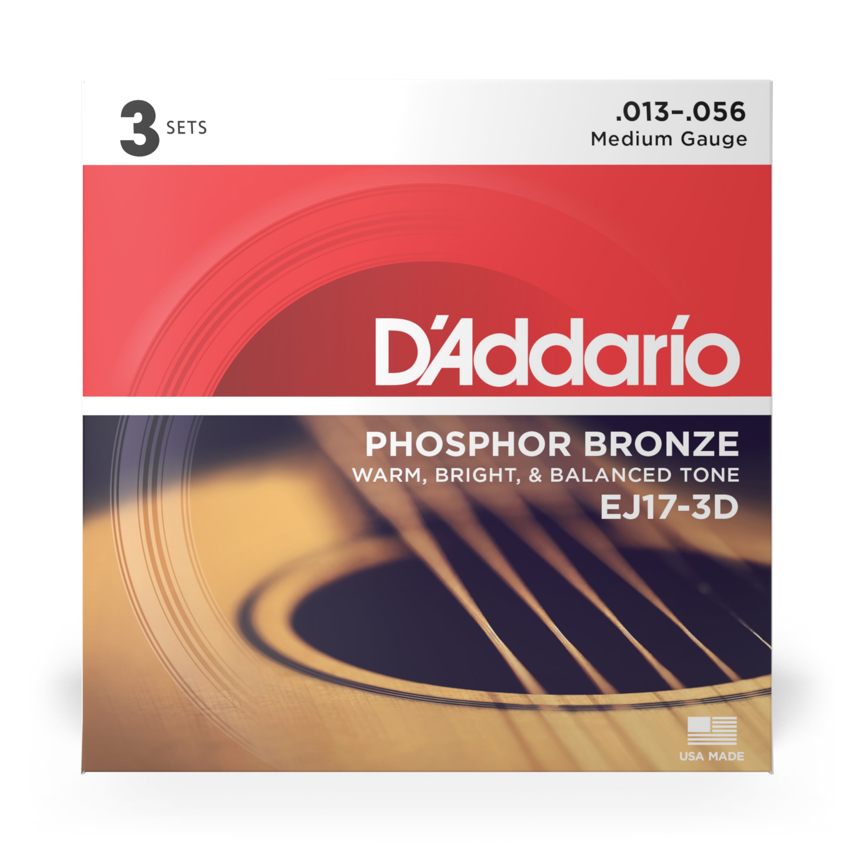 D'Addario EJ17 Phosphor Bronze 13-56 Acoustic Guitar Strings, Medium, 3-Pack