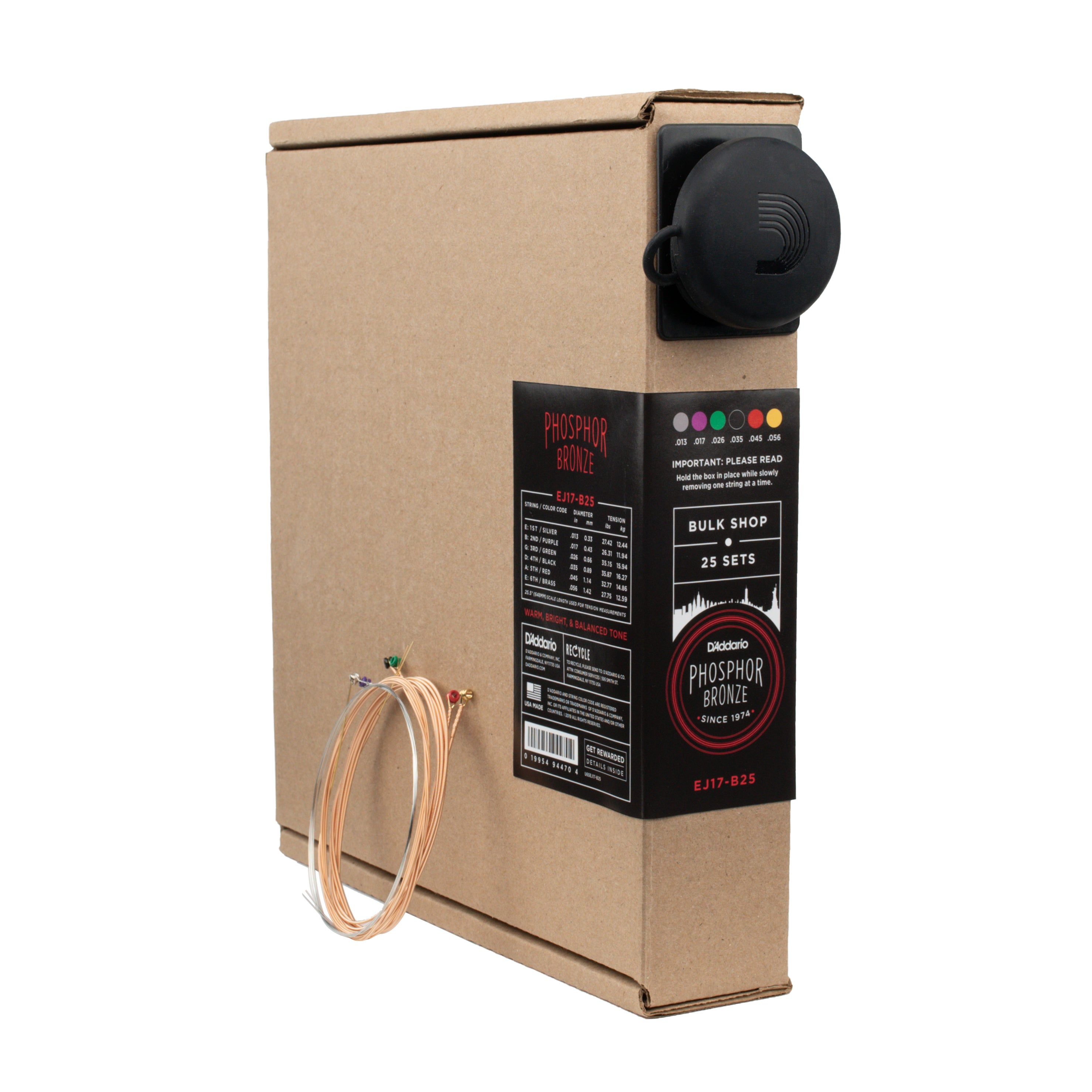 D'Addario EJ17 Phosphor Bronze 13-56 Acoustic Guitar Strings, Medium, 25-Set Bulk Pack