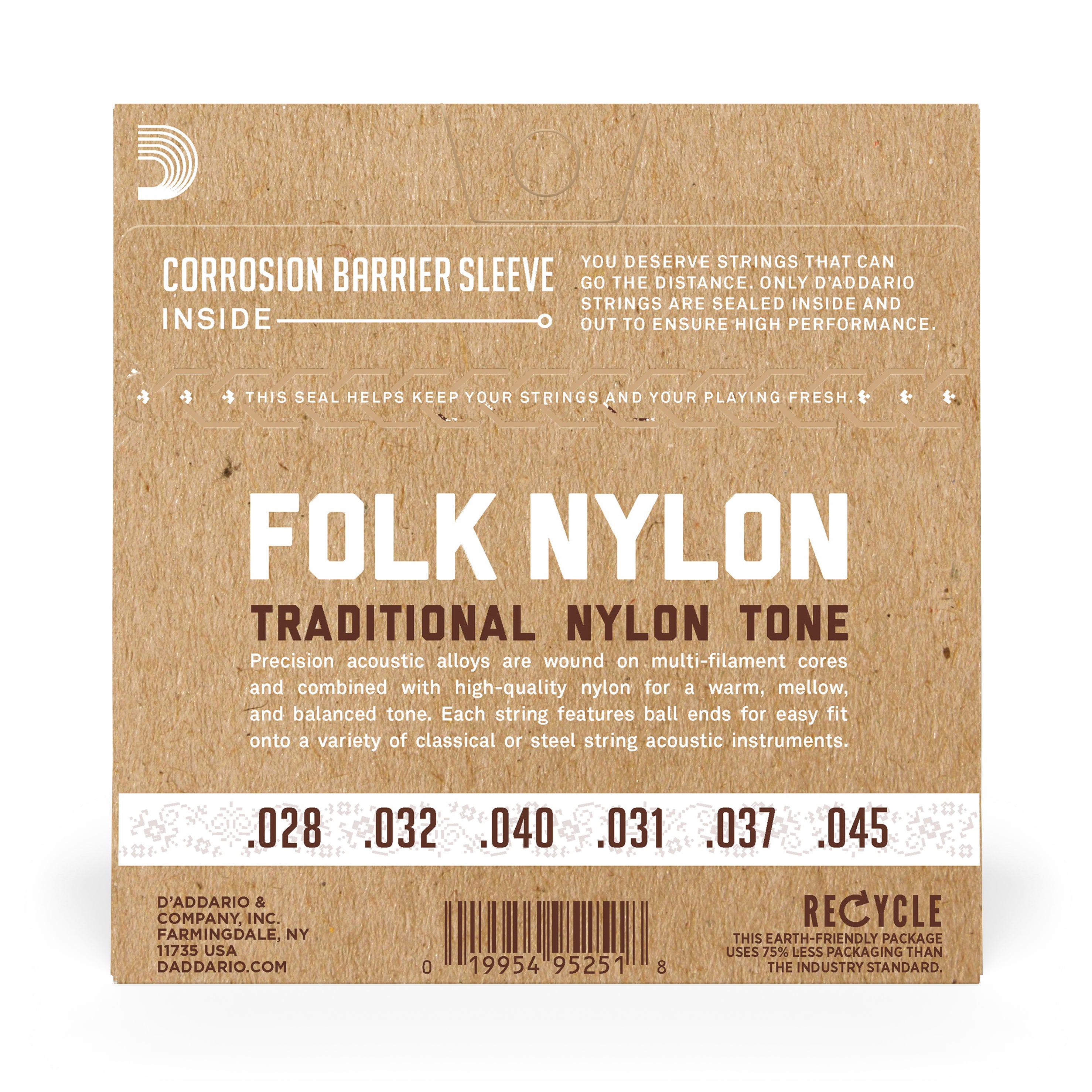D'Addario EJ33 Folk Nylon 80/20 Bronze & Clear Nylon Acoustic Guitar Strings, Ball-End