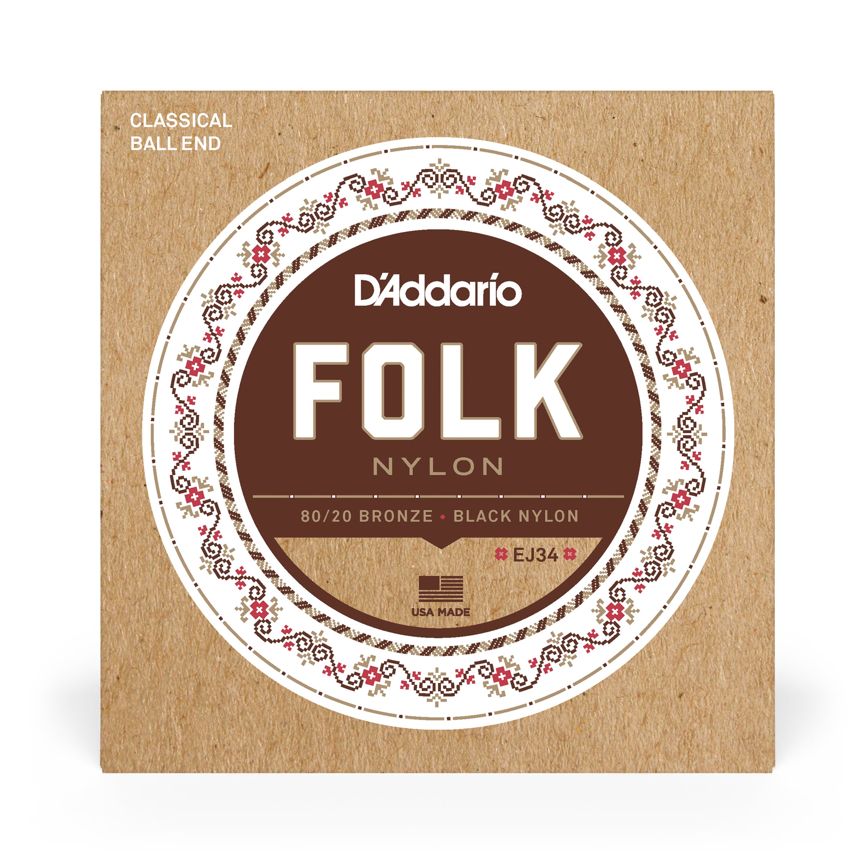 D'Addario EJ34 Folk Nylon 80/20 Bronze & Black Nylon Acoustic Guitar Strings, Ball-End