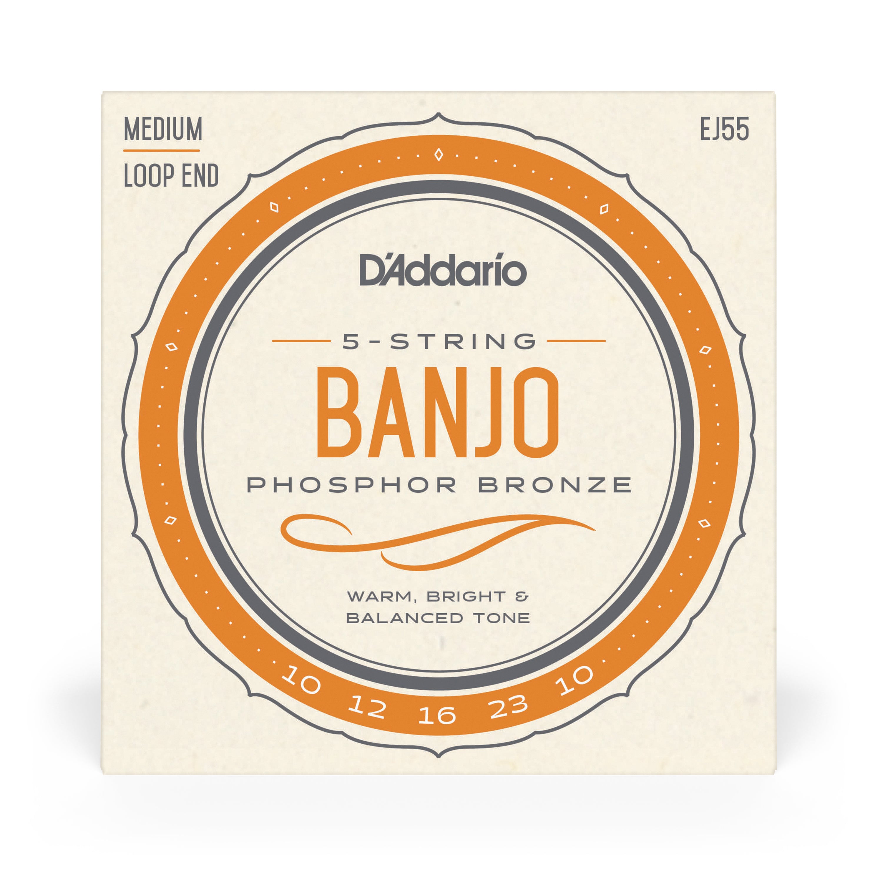 D'Addario EJ55 5-String Banjo Strings, Phosphor Bronze Wound, Loop End, 10-23 Medium