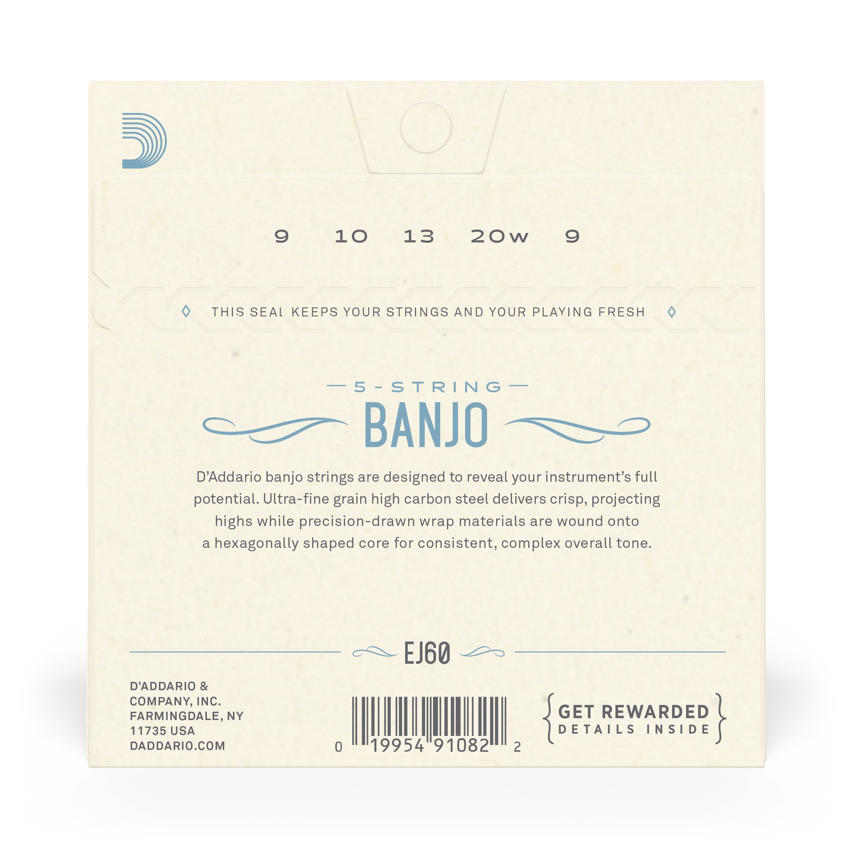 D'Addario EJ60 5-String Banjo, Nickel Wound, Loop End, 9-20 Light