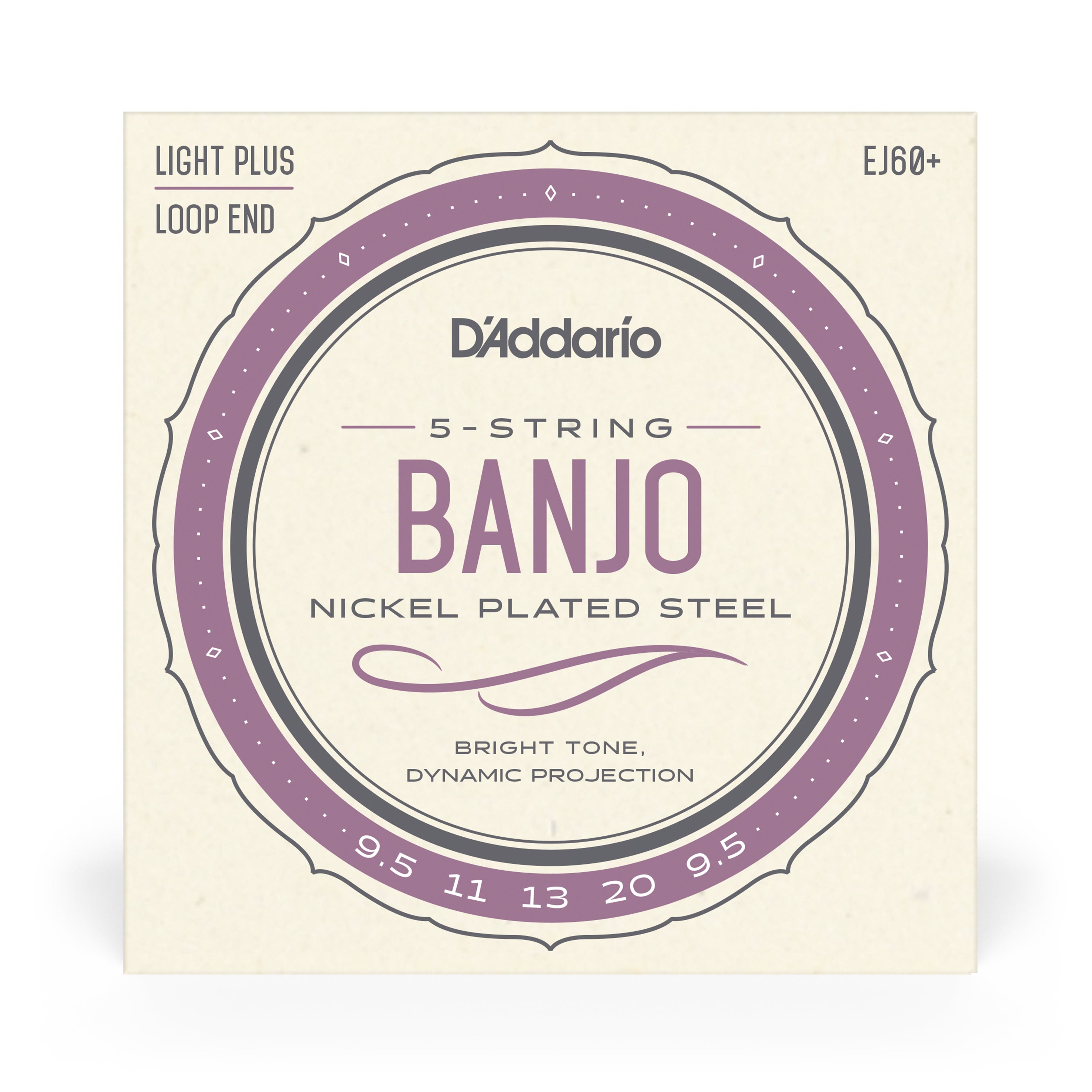D'Addario EJ60+ 5-String Banjo, Nickel Wound, Loop End, 9.5-20 Light Plus