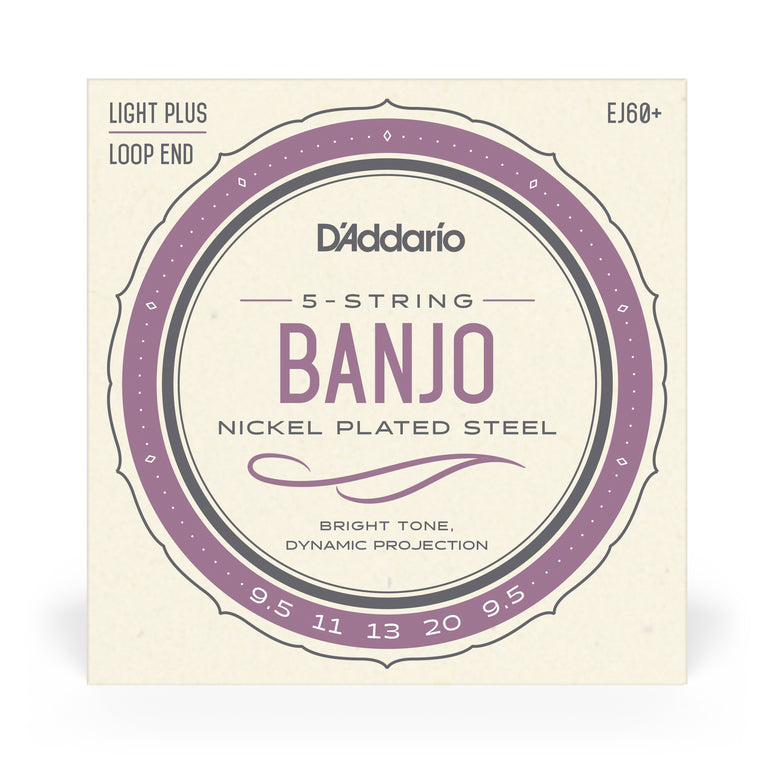 D'Addario EJ60+ 5-String Banjo, Nickel Wound, Loop End, 9.5-20 Light Plus