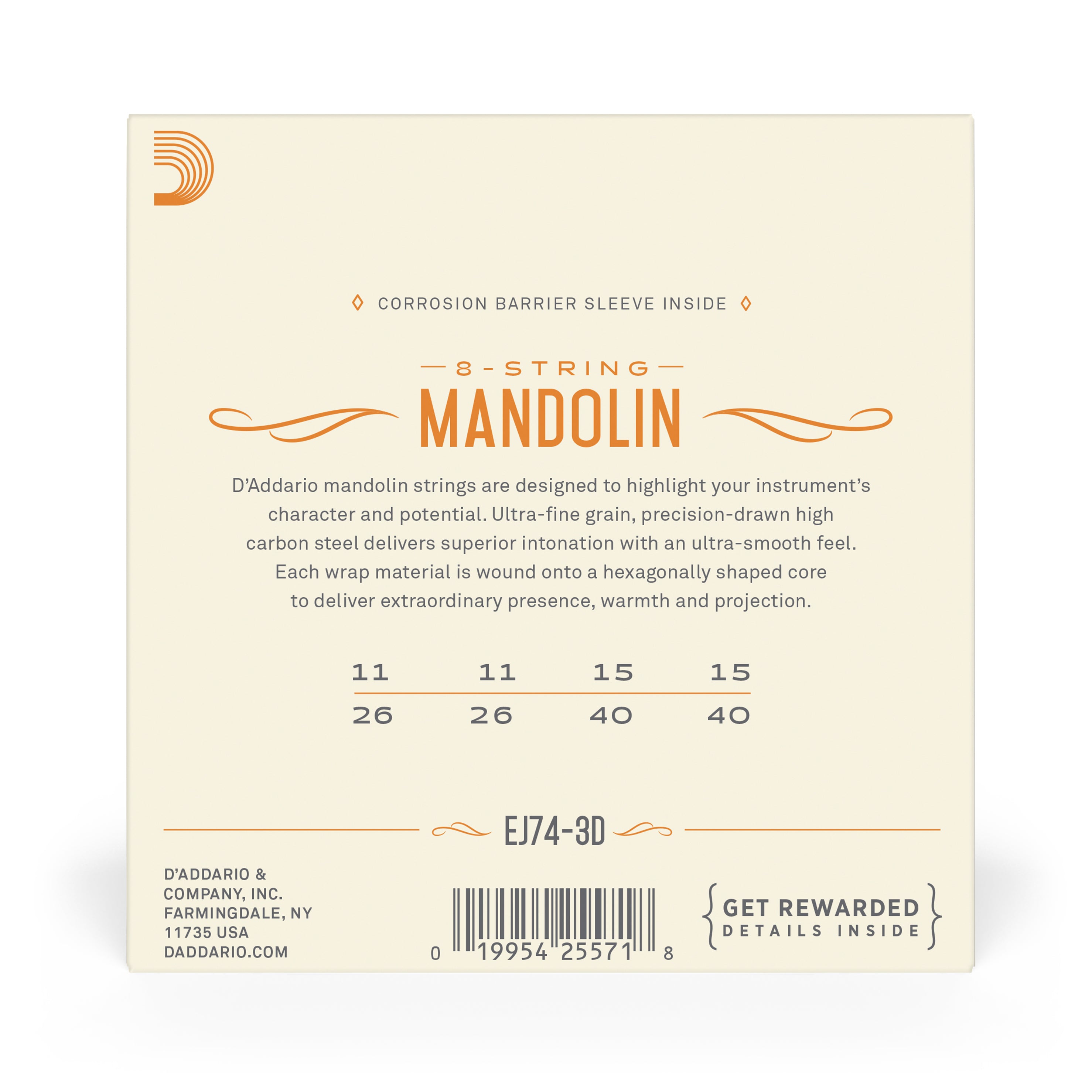 D'Addario EJ74 Phosphor Bronze 11-40 Mandolin Strings, Loop End, 3-Pack