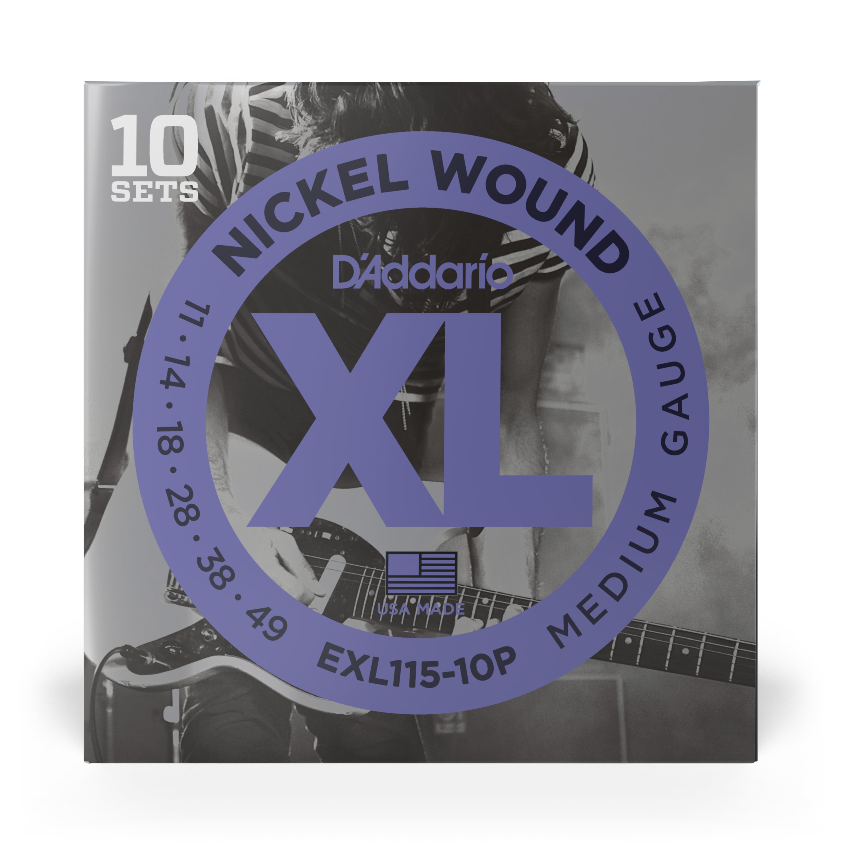 D'Addario EXL115-10P Nickel Wound 11-49 Electric Guitar Strings, Jazz Rock, 10-Pack