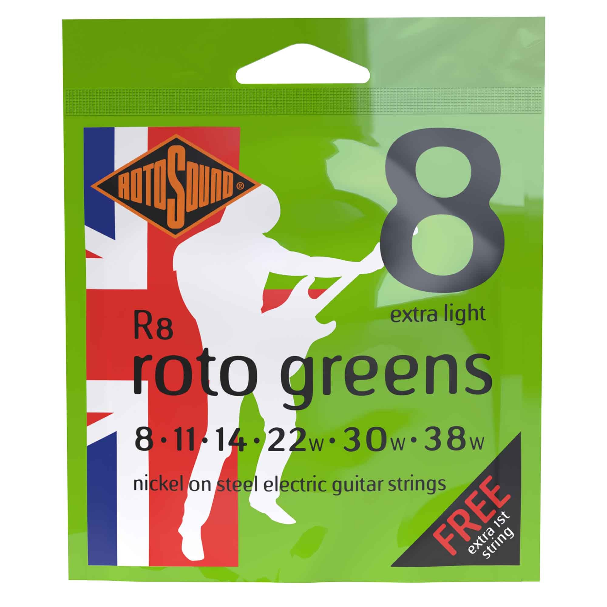 Rotosound R8 ROTO Greens Nickel Wound 8-38 Electric Guitar Strings, Extra Light