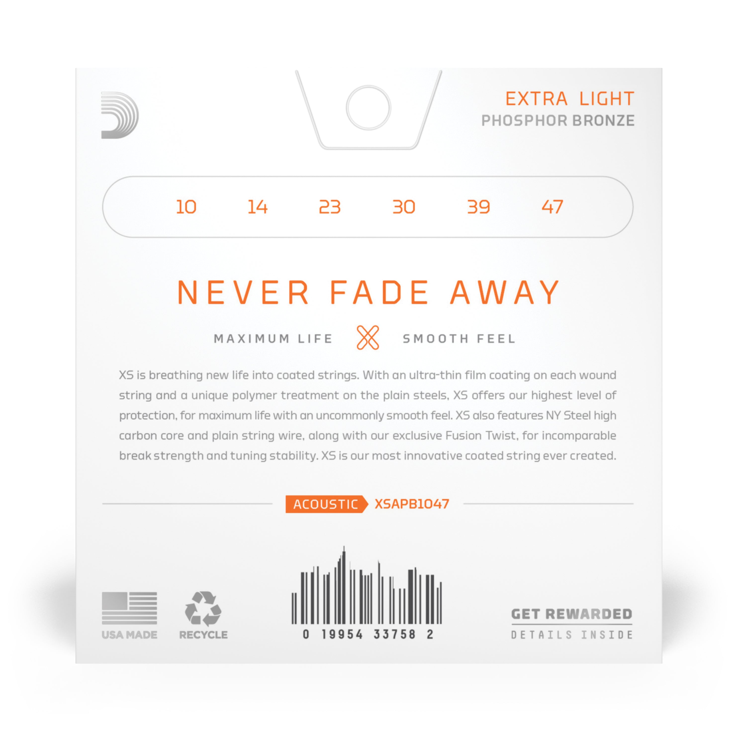 D'Addario XS Phosphor Bronze 10-47 Acoustic Guitar Strings, Extra Light