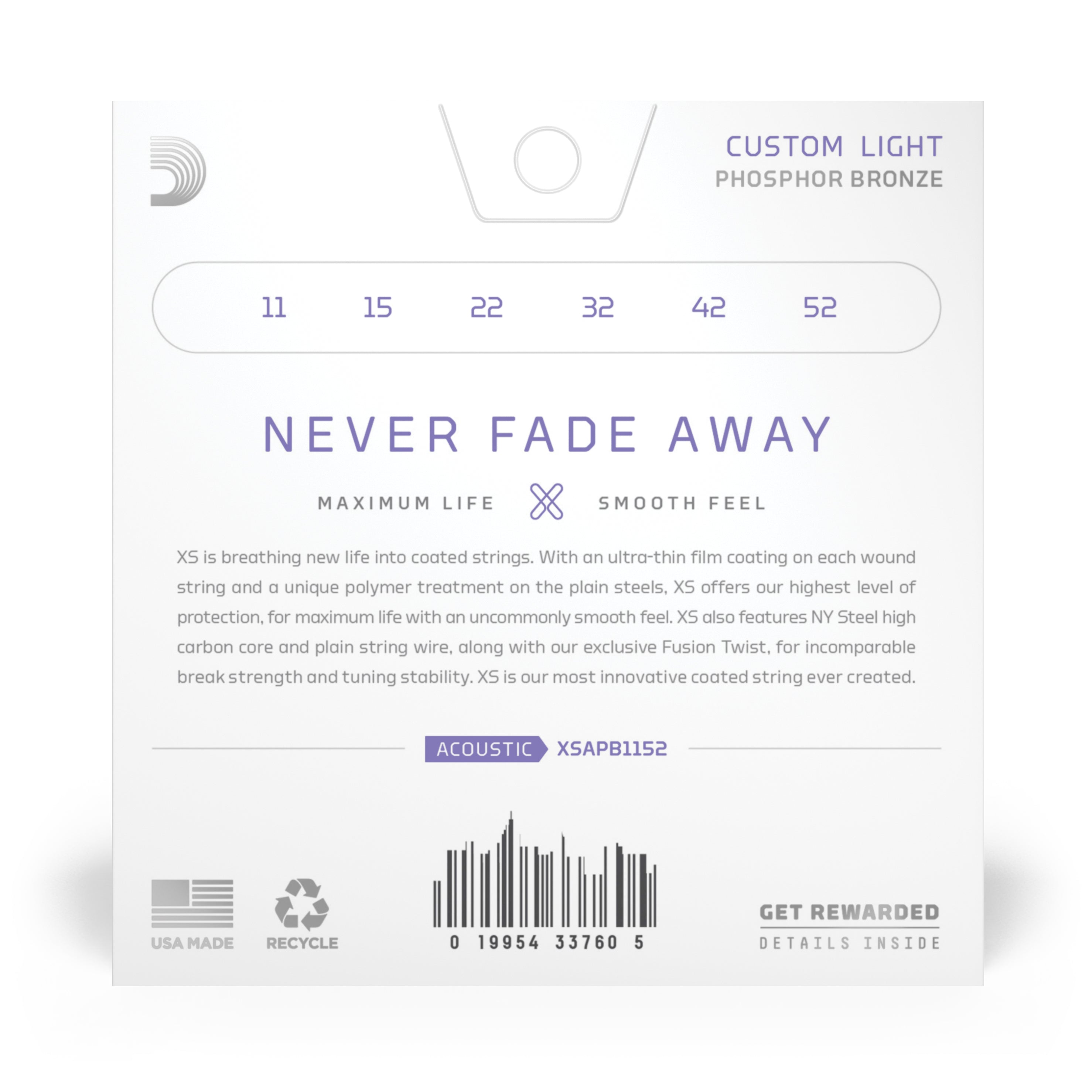 D'Addario XS Phosphor Bronze 11-52 Acoustic Guitar Strings, Custom Light