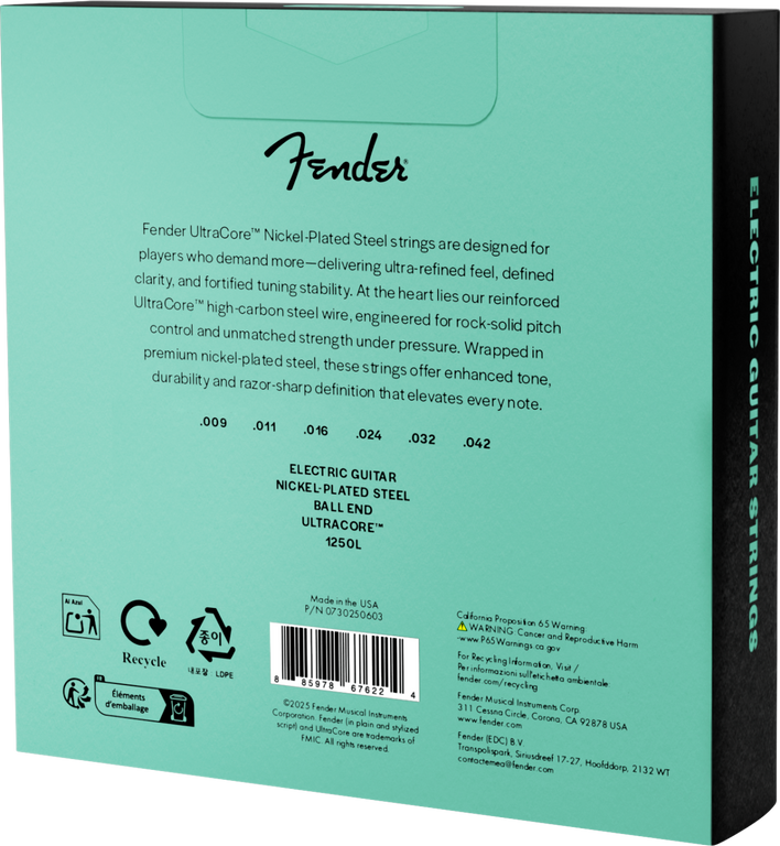 Fender 1250L UltraCore Nickel 9-42 Electric Guitar Strings, Ball End, 3-Pack
