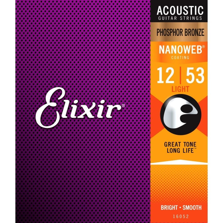 Elixir Nanoweb Phosphor Bronze 12-53 Acoustic Guitar Strings, 12-Pack