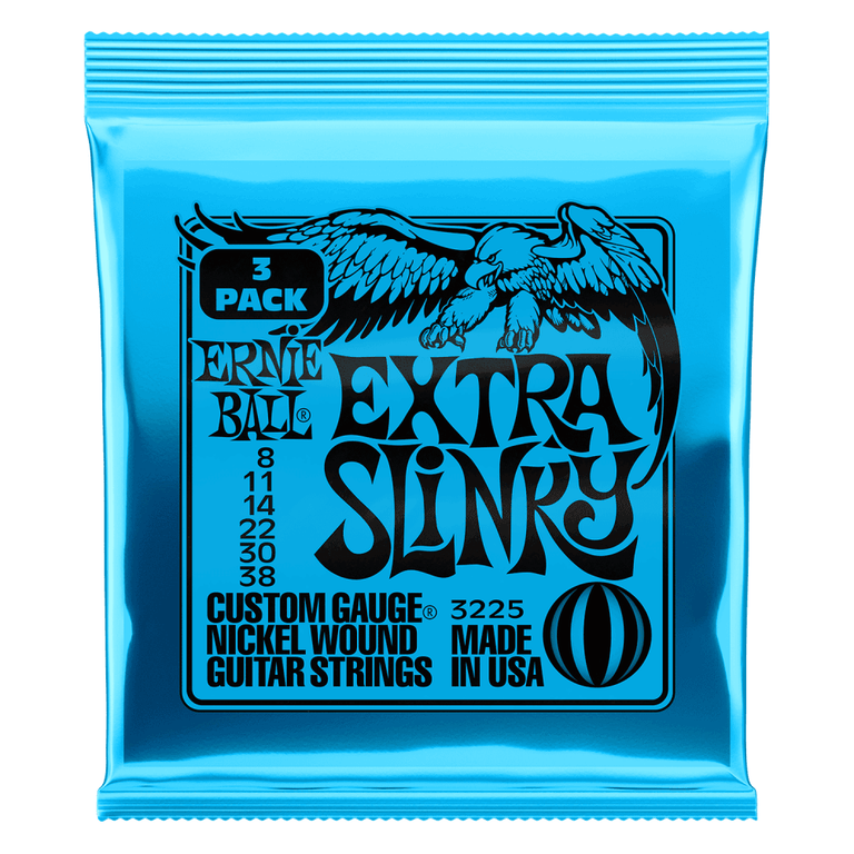 Ernie Ball 2225 Extra Slinky 8-38 Electric Guitar Strings, 3-Pack