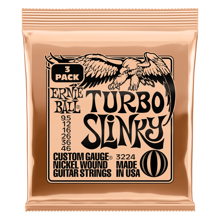 Ernie Ball 2224 Turbo Slinky 9.5-46 Electric Guitar Strings, 3-Pack
