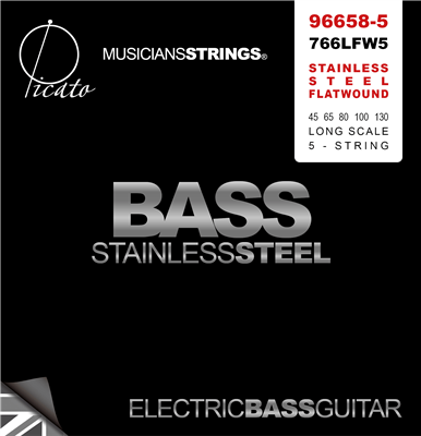 Picato Stainless Steel Flatwound 45-130 5-String Bass Guitar Strings, Long Scale