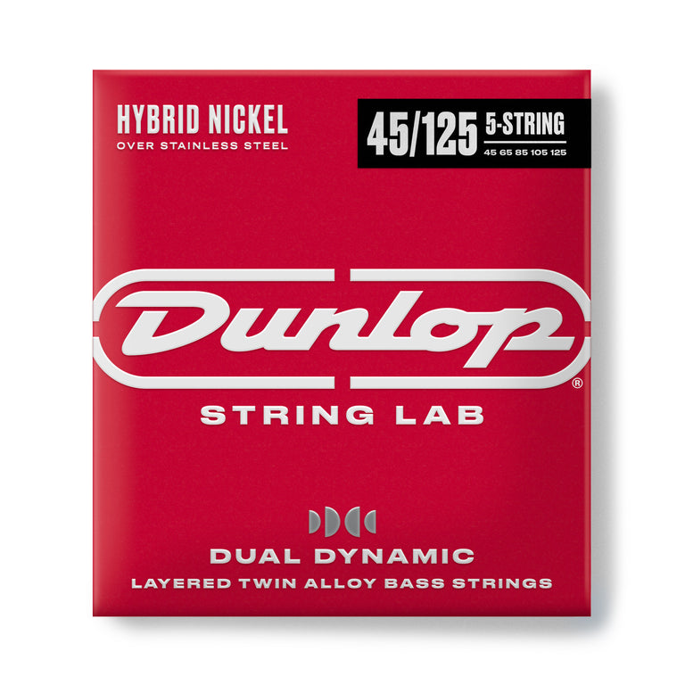 Jim Dunlop Dual Dynamic Hybrid Nickel-Steel 45-125 5-String Bass Guitar Strings, Long Scale