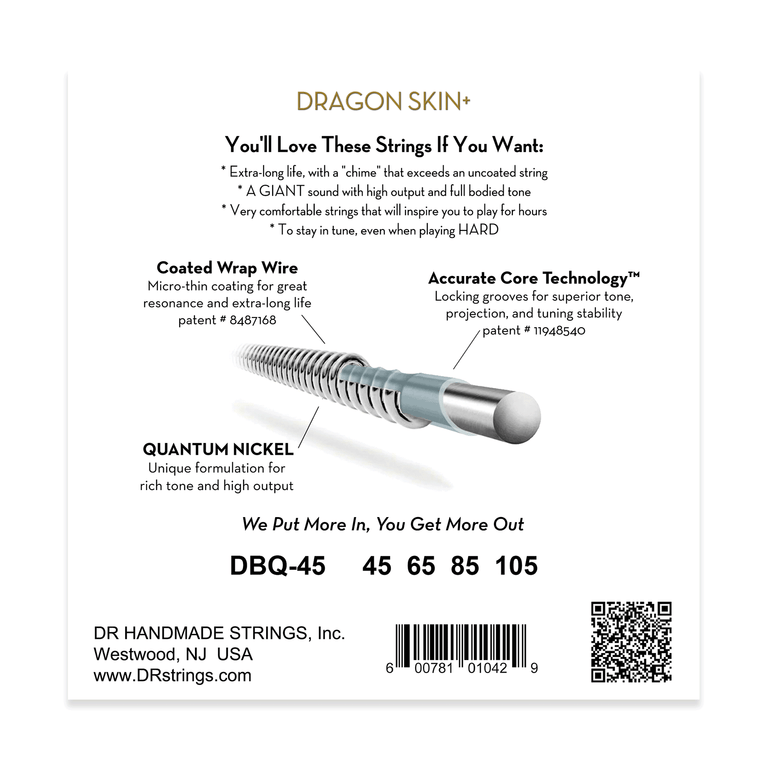 DR DRAGON SKIN+ Coated Nickel 45-105 Bass Guitar Strings, Long Scale