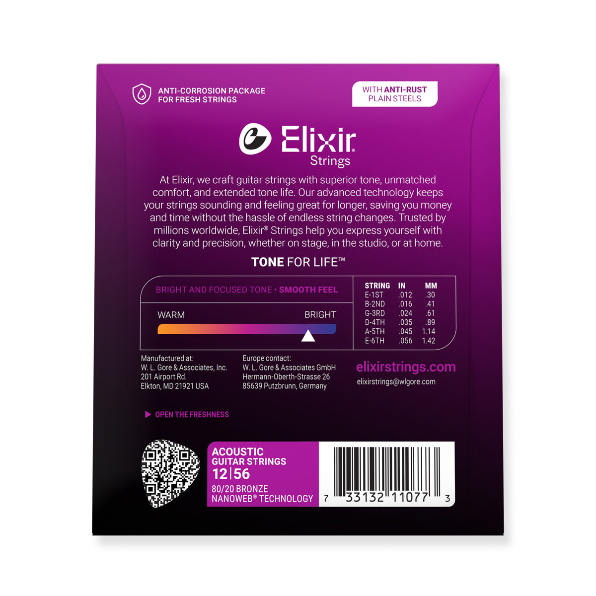 Elixir Nanoweb 80/20 Bronze 12-56 Acoustic Guitar Strings [11077 ...