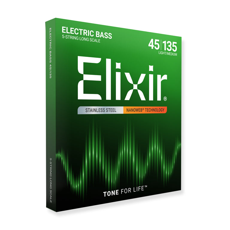 Elixir Nanoweb Stainless Steel 45-135 5-String Bass Guitar Strings, Long Scale [14782]