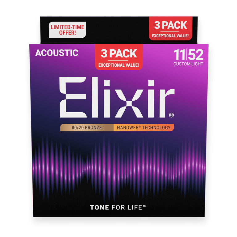 Elixir Nanoweb 80/20 Bronze 11-52 Acoustic Guitar Strings, 3-Pack