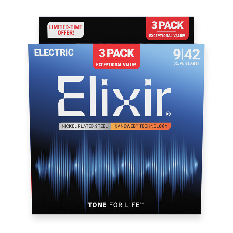 Elixir Nanoweb Nickel Wound 9-42 Electric Guitar Strings, 3-Pack