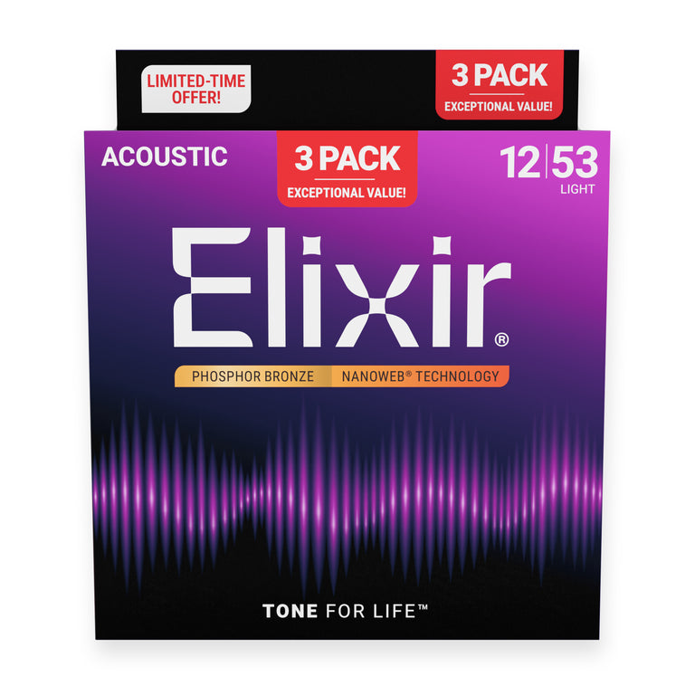 Elixir Nanoweb Phosphor Bronze 12-53 Acoustic Guitar Strings, 3-Pack