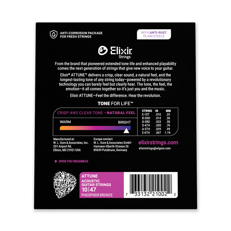 Elixir ATTUNE Phosphor Bronze 10-47 Acoustic Guitar Strings, Extra Light
