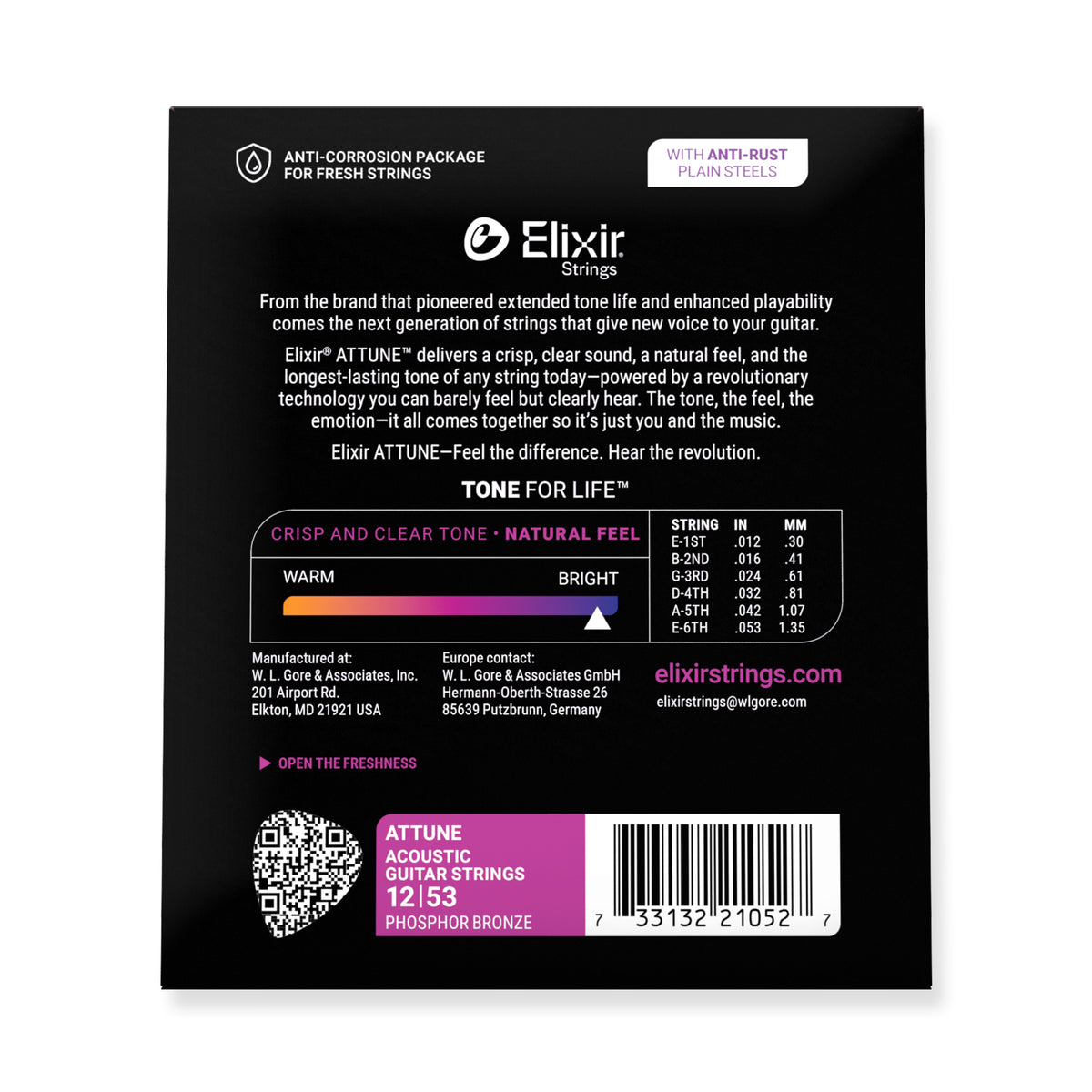 Elixir ATTUNE Phosphor Bronze 12-53 Acoustic Guitar Strings, Light ...