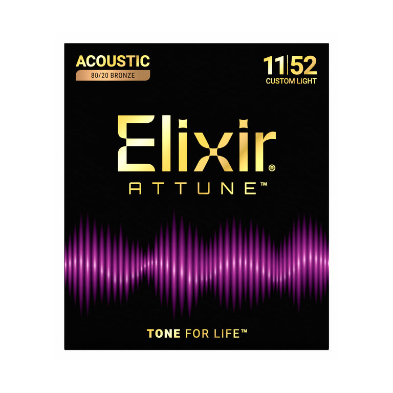 Elixir ATTUNE 80/20 Bronze 11-52 Acoustic Guitar Strings, Custom Light