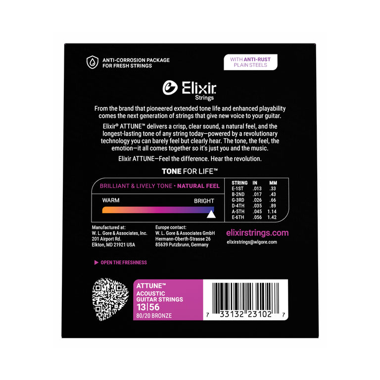 Elixir ATTUNE 80/20 Bronze 13-56 Acoustic Guitar Strings, Medium