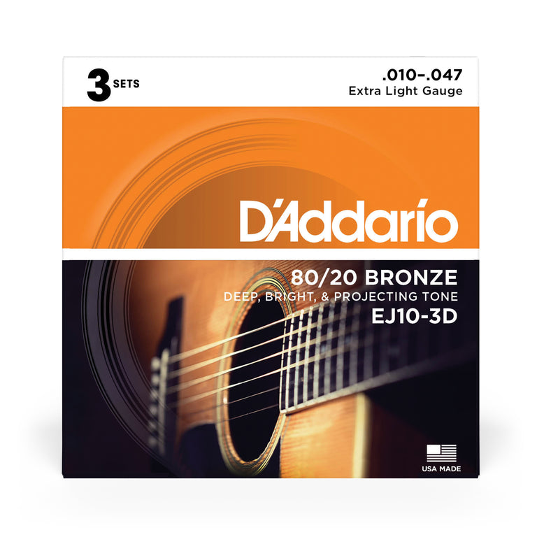 D'Addario EJ10 80/20 Bronze 10-47 Acoustic Guitar Strings, 3-Pack