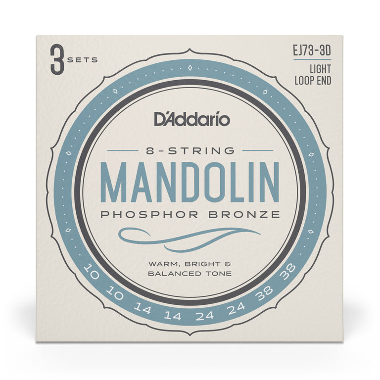 D'Addario EJ73 Phosphor Bronze 10-38 Mandolin Strings, Loop End, 3-Pack