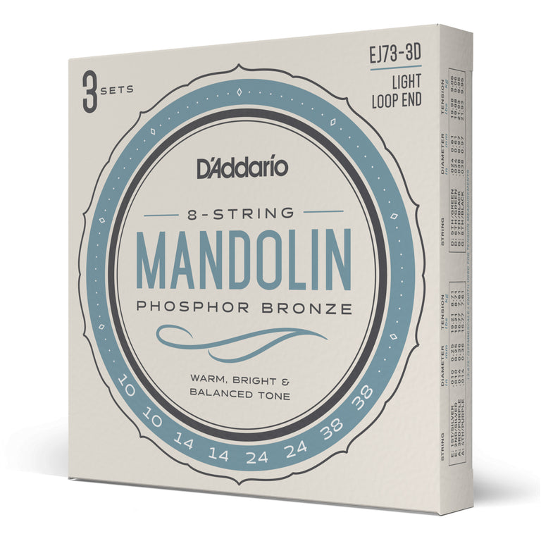 D'Addario EJ73 Phosphor Bronze 10-38 Mandolin Strings, Loop End, 3-Pack