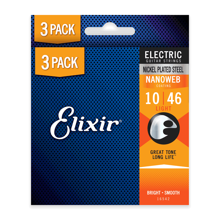 Elixir Nanoweb Nickel Wound 10-46 Electric Guitar Strings, 3-Pack [16542]