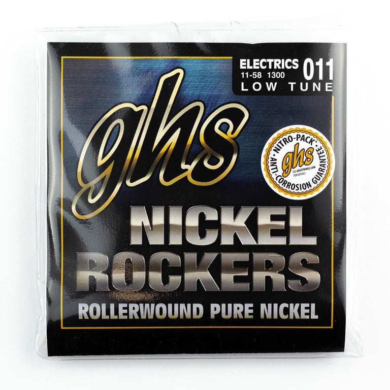 GHS Nickel Rockers Pure Nickel Rollerwound 11-58 Electric Guitar Strings, Low Tune