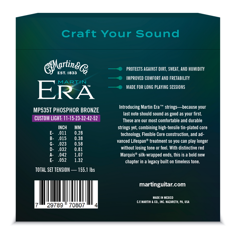 Martin ERA Phosphor Bronze 11-52 Acoustic Guitar Strings, Custom Light