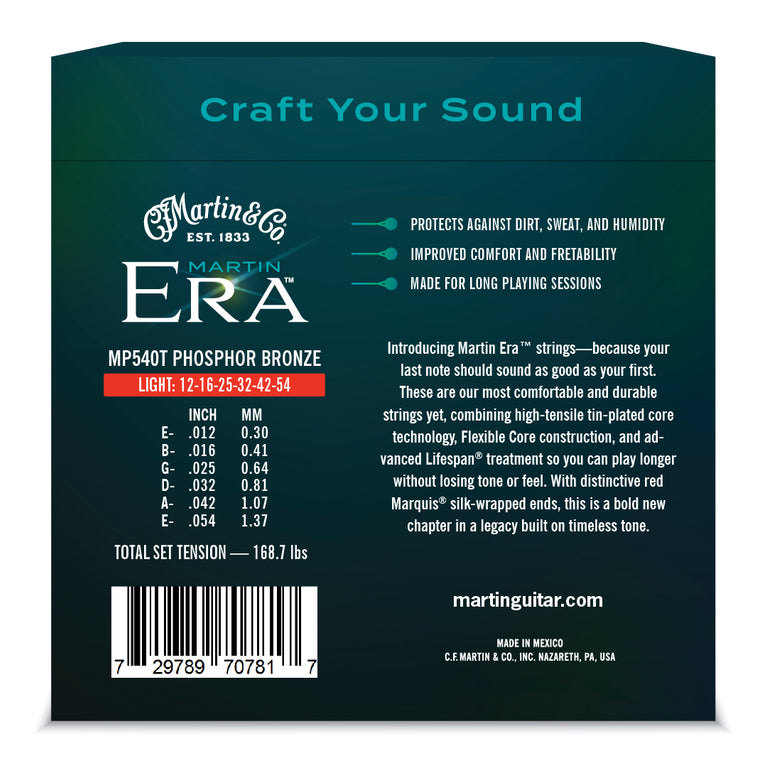 Martin ERA Phosphor Bronze 12-54 Acoustic Guitar Strings, Light
