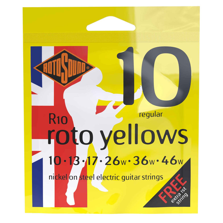 Rotosound R10 ROTO Yellows Nickel Wound 10-46 Electric Guitar Strings, Regular, 5-Pack