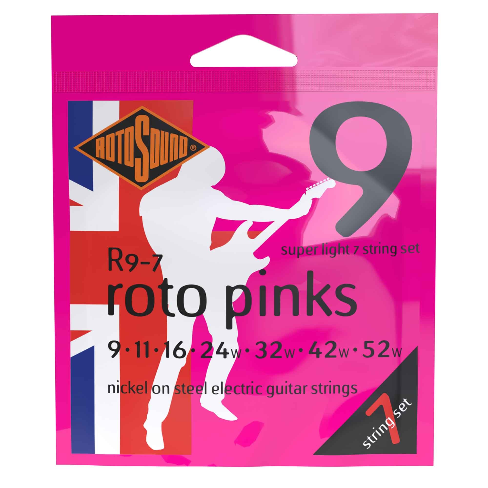 Rotosound R9-7 ROTO Pinks 7-String Nickel Wound 9-52 Electric Guitar Strings, Light