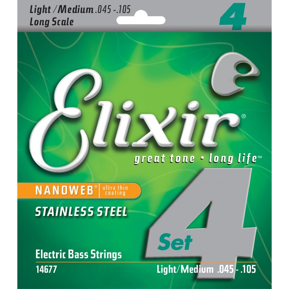 Elixir Nanoweb Stainless Steel 45105 Bass Guitar Strings, Long Scale